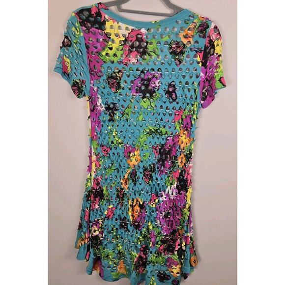 Neon Abstract Floral Cutout Swim Coverup Mini Dress MED Indie Sleeze Sexy Beach - Picture 5 of 7